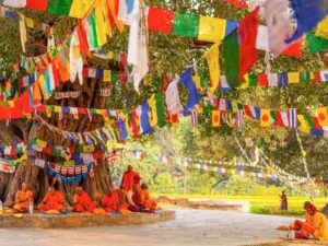 Lumbini praying flags and monks