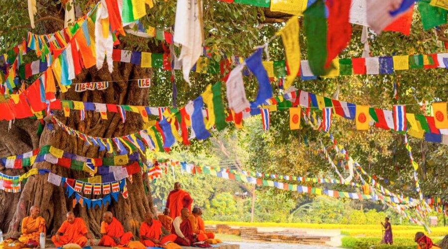 Lumbini praying flags and monks
